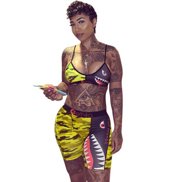 

women ethika underwear swimwear tie up bra +shorts half length pants 2 piece tracksuit patchwork shark camo striped swimsuit bikini, Black;pink