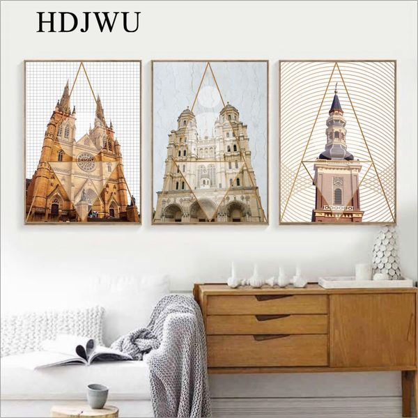 

european architectural church geometry decoration canvas painting home wall printing posters for living room aj00345