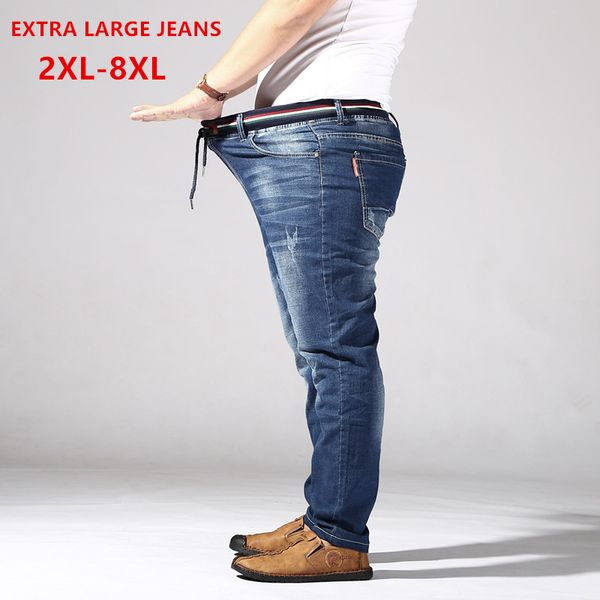 

men's jeans distressed extra large for men stretch denim trousers 6xl 7xl 8xl big plus size mens ripped pants 160kg male elastic jean, Blue