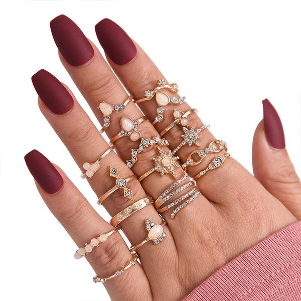 

чехи женщина кольцо 17 шт / комплект мода кристалл металл луна корона партия vintage кольцо установить цвет золота кольца ювелирных изделия, Silver