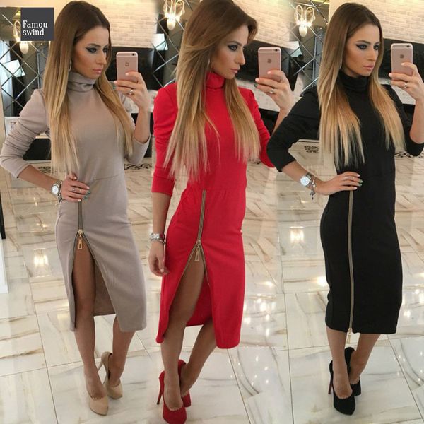 

2019 высокая шея платье женщин холст весна длинным рукавом формальное каузален zipper midi платье платье сексуальный элегантный дизайнер оде, Black;gray