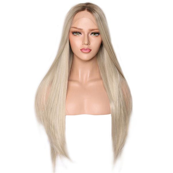 

dark brown roots ombre platinum straight synthetic lace front wig heat resistant fiber hair middle parting for women, Black