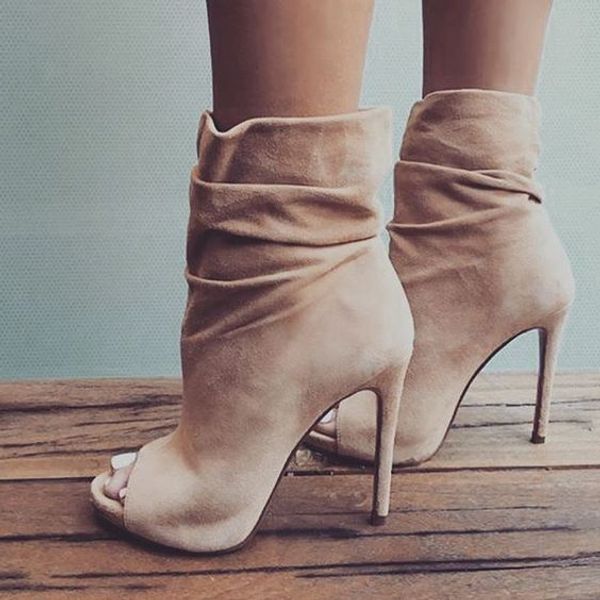 

nude suede open toe ankle boots high heel boots for woman autumn winter short thin heels, Black