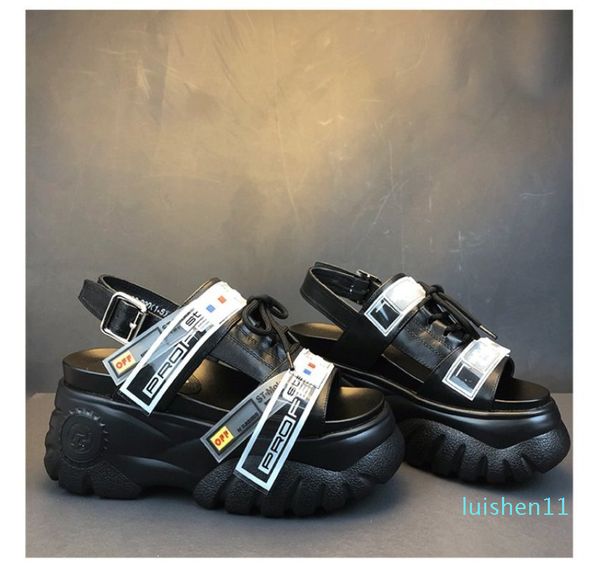 

2019 summer chunky sandals women 8cm wedge high heels shoes female buckle platform leather casual summer slippers woman sandal l11, Black