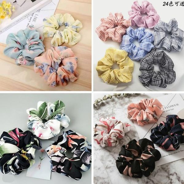 

childrens hair scrunchy ring elastic hair bands korean style baby girls ins fresh sweet hairbands floral checkered chiffon hair accesspories, Slivery;white