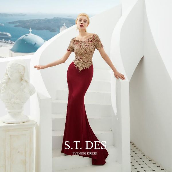 

party dresses 2021 s.t.des chinese style short sleeves o-neck gold embroidery appliques mermaid dress sweep train evening for woman, White;black