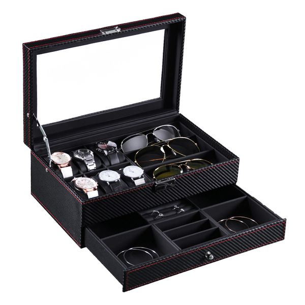 

6 slots watch box jewelry organizer lockable sunglass display case, Black;blue