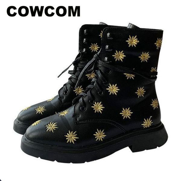 

cowcom 2020 spring autumn winter new comfortable and versatile thick heel lace embroidered color matching heel boots shoes, Black