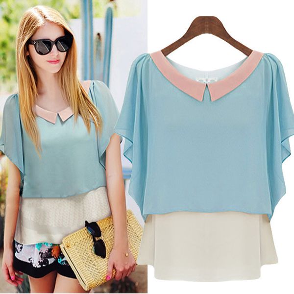 

женская дизайнерская рубашка свободная контрастная кукла воротник летающий рукав футболка топ шифоновая рубашка женское лето, White