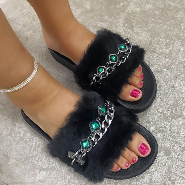 

women plush slippers with crystal chain spring summer party casual shoes female flat heel non-slip outdoor slipper, Black