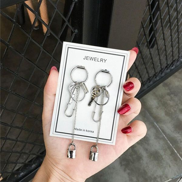 

key lock asymmetric long chain geometry pendant metal tassel drop earring fashion jewelry exquisite earrings, Silver