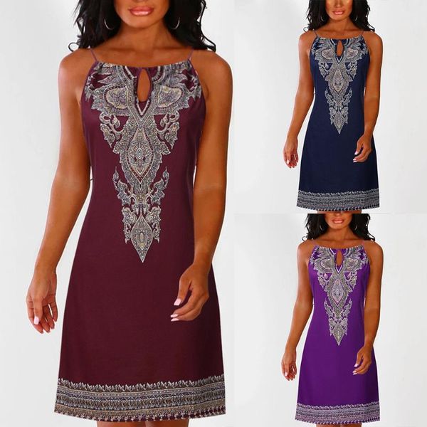 

women halter neck boho retro print sleeveless casual mini beachwear dress sundress vestidos de verano mujeres dropship, Black;gray