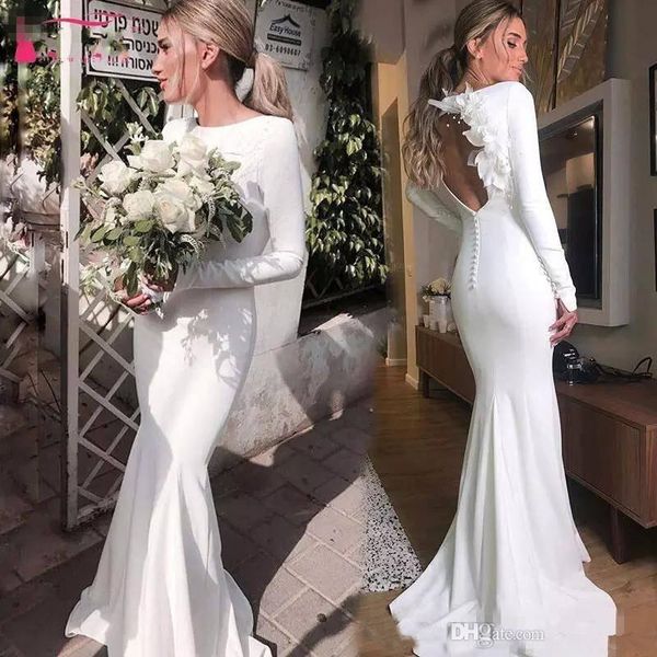 

long sleeve satin wedding dresses mermaid jewel neck bohemian open back vestido de noiva with 3d flowers long wedding dresses, White