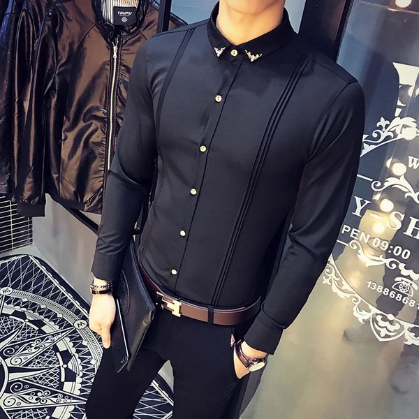 

2019 new arrival mens shirt slim fit tuxedo shirts male long sleeve red black white casual shirt men plus size clothing, White;black