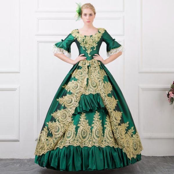 

green lace dance gown 18th century queen victorian marie antoinette dresses, Black;red