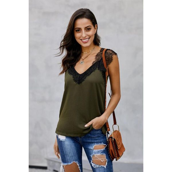 

summer 2020 vest t-shirt women's v-neck sleeveless lace suspender black green pink blue lace tank, White