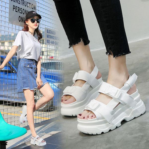 

summer net red 2020 sandals, muffin sole, leather, high heels, webbing, buckle, open toe sandals, women wholesale, Black