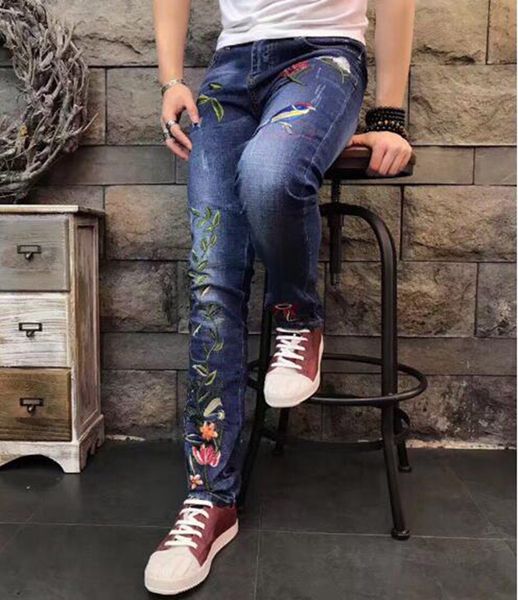 

men's europe and the united states fashion han version of the new trend slim-fit style embroidery patterns straight leg jean trousers, Blue