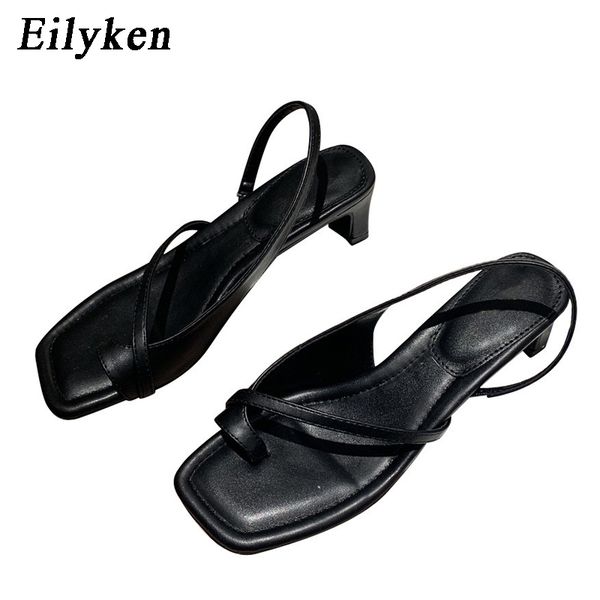 

2020black white leather gladiator sandals women narrow band slip-on sliders shoes outdoor casual open toe square heel pumps, Black