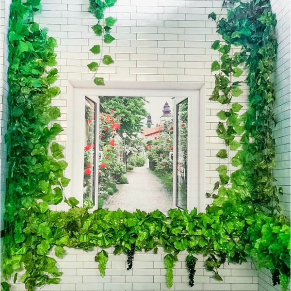 

12pcs/lot 2.3m long artificial plants green ivy leaves artificial grape vine fake parthenocissus wedding bar decoration