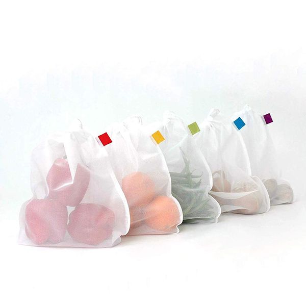 

5pcs reusable breathable grocery produce bag drawstring mesh vegetable fruit washable pouch kitchen supplies