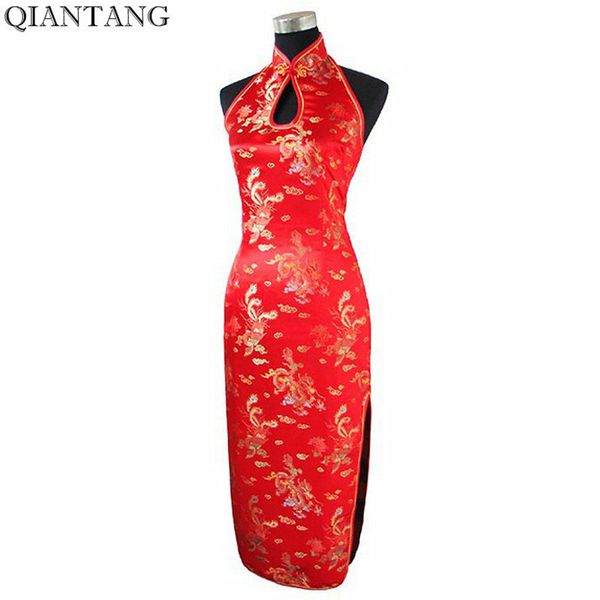 

red chinese women's long qipao halter cheongsam backless costume dress size s  l xl xxl xxxl mujeres vestidos j3401