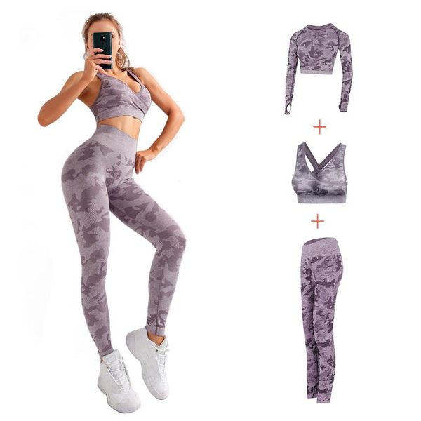 

3pcs/set camouflage yoga set women seamless fitness yoga bra sports bra high waist camo leggings pants fitness suits workout, White;red