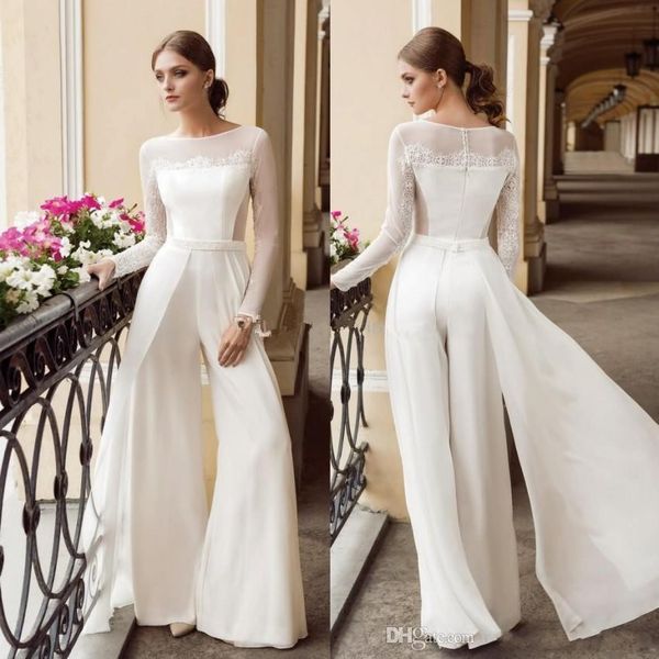 

designer bohemian jumpsuit lace sheath wedding dresses bateau neck long sleeves beach bridal gowns floor length chiffon vestido de novia, White