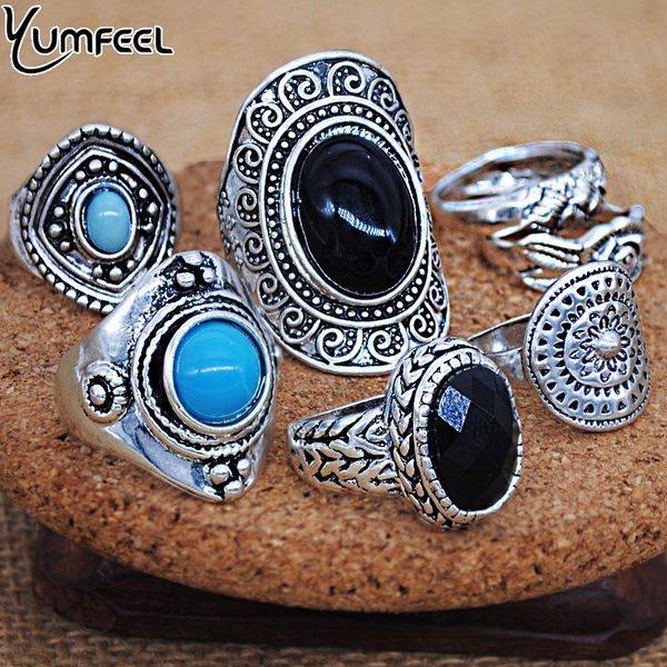 

yumfeel new vintage bohemia rings jewelry mix lot tibetan silver plated synthetic black blue stone boho rings women gifts, Golden;silver
