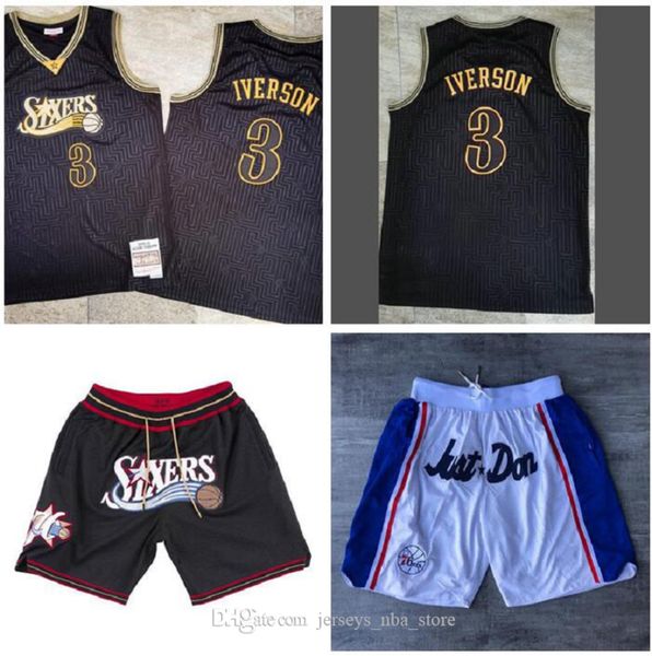 

men's basketball philadelphia 76ers 3 allen iverson mitchell & ness black/golden swingman jersey and pant 02, Black;red