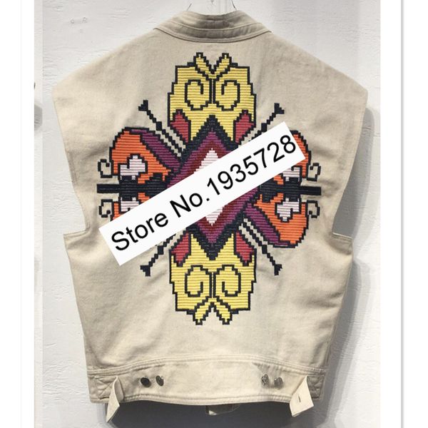 

дамы вышивка лоскутная джинсовая куртка без рукавов top - женщины 2020 новый стиль хлопок жилет, Black;white