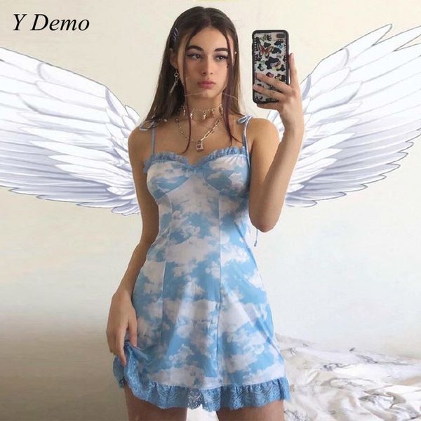 

sweet retro sky cloud printing spaghetti strap dress slim female lace patchwork mini dress, Black;gray