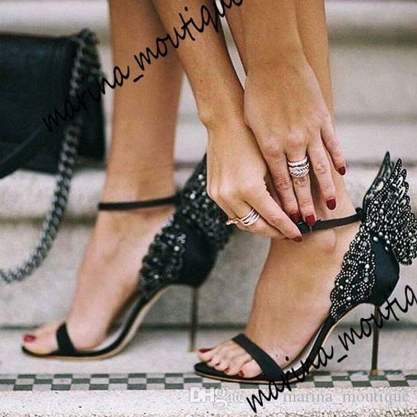 

20120sophia webster evangeline angel wing sandal plus size 42 genuine leather wedding pumps pink glitter shoes women butterfly sandals shoes, Black
