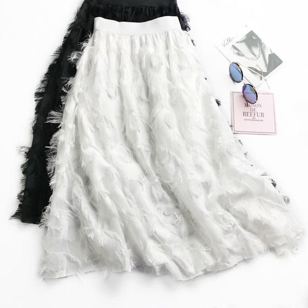 

2018 chiffon skirts tassel feather bust skirt of tall waist han edition of female long posed the a - line skirt joker, Black