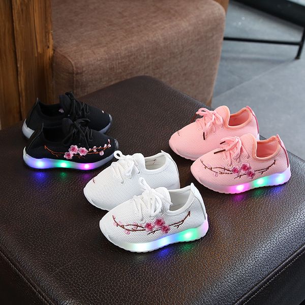 

new 2019 toddler shoes with led light fashion baby gir shoes little kids sneakers sports soft bottom for girls eur size 21-30, Black