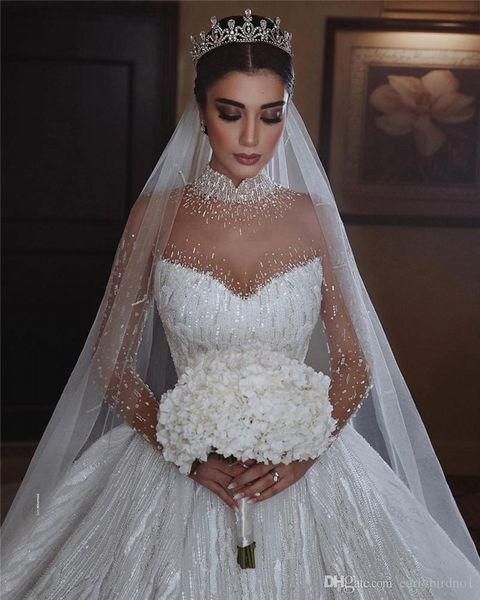 

2020 arabic appliqued sequined ball gown wedding dresses luxury high neck crystal saudi arabic dubai bridal gown, White
