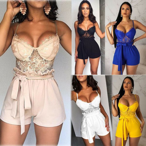 

women holiday strap mini playsuit summer lace camisole v neck sleeveless playsuit shorts jumpsuit club clothes, Black;white