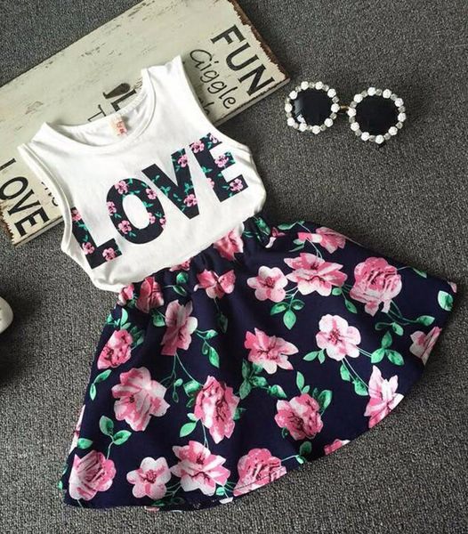 

baby girls clothes love + flower skirt 2pcs pretty flowered cotton kids sets 2018 summer children girl clothing set, White