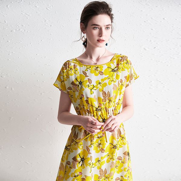 

2020 silk dress 100 mulberry silk loose printing european and american high-end waist-tightening skirt summer, Black;gray