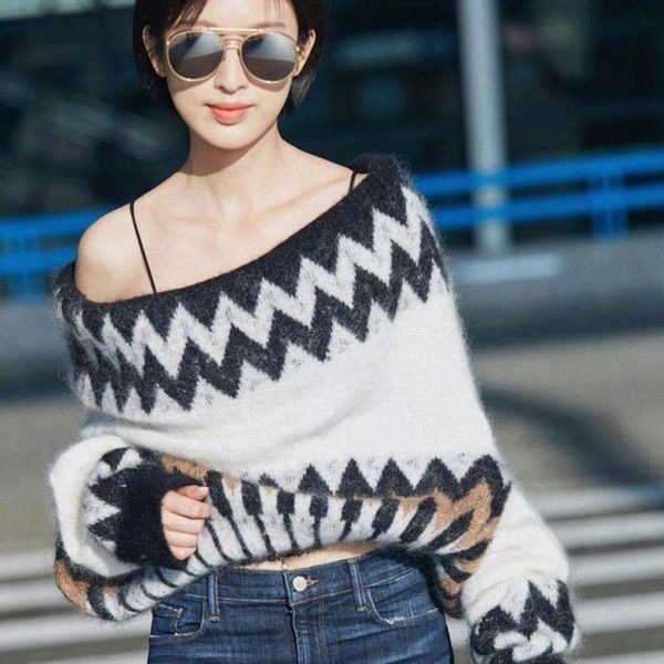 

new style fashion women long sleeve round collar rhombus striped jacquard pullovers loose casual knitting garment sweater, White;black