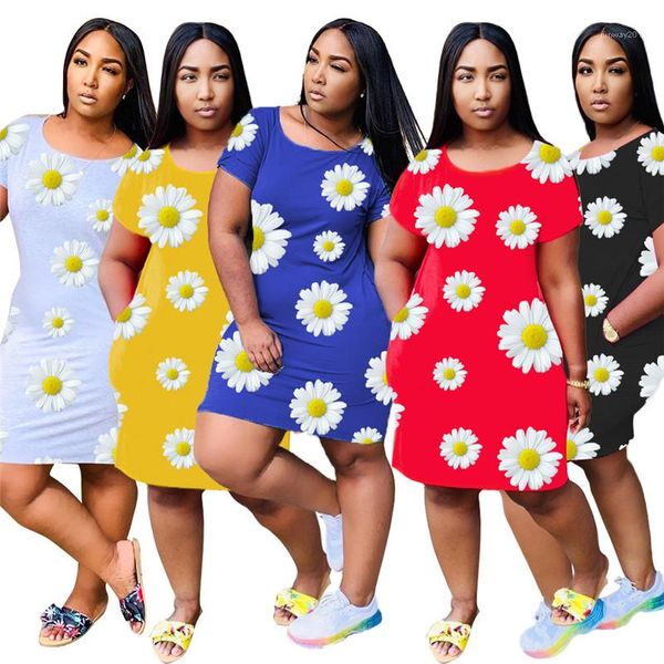 

fashion multicolor round neck chrysanthemum pattern casual short sleeve flower dress women loose clothing 2020 summer, Black;gray