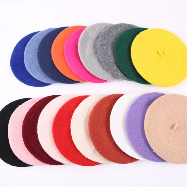 

fashion kids children new fashion solid color warm wool winter thin wool girl beret french artist beanie hat cap, Yellow