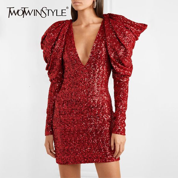 

twotwinstyle лоскутное блестками ruched платья женщины v шеи слоеного с длинным рукавом высокой талией туника платье для женщин 2019 мода пр, Black;gray