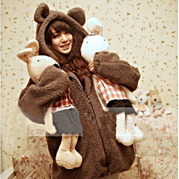 

women hoodies zipper girl winter loose fluffy bear ear hoodie hooded jacket warm outerwear coat cute sweatshirt, Black