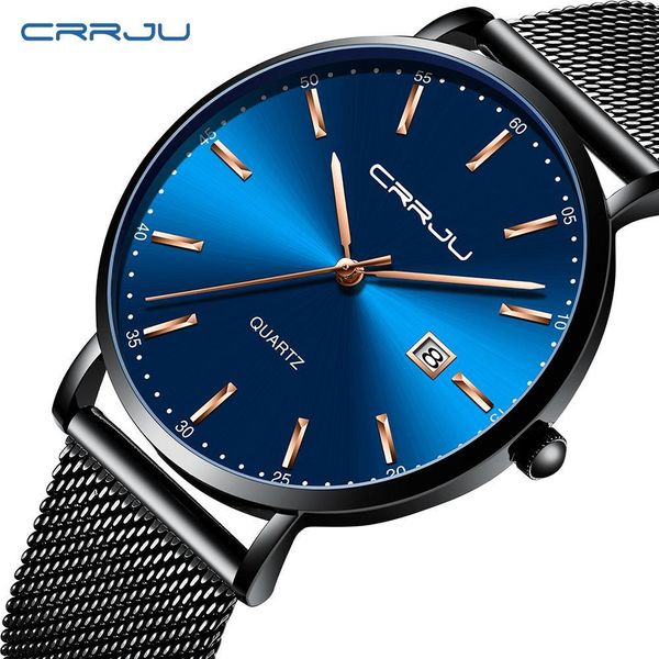 

fashion mens watches crrju brand luxury blue waterproof watches ultra thin date simple casual quartz watch men sports clock, Slivery;brown