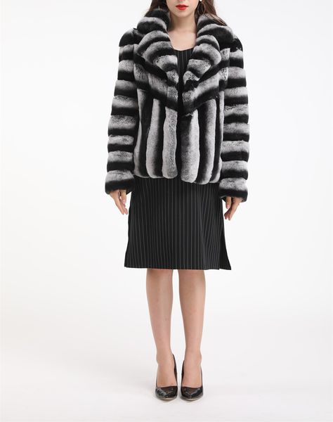 

women real rex rabbit fur chinchilla color coat outwear fluffy furry winter warm striped, Black