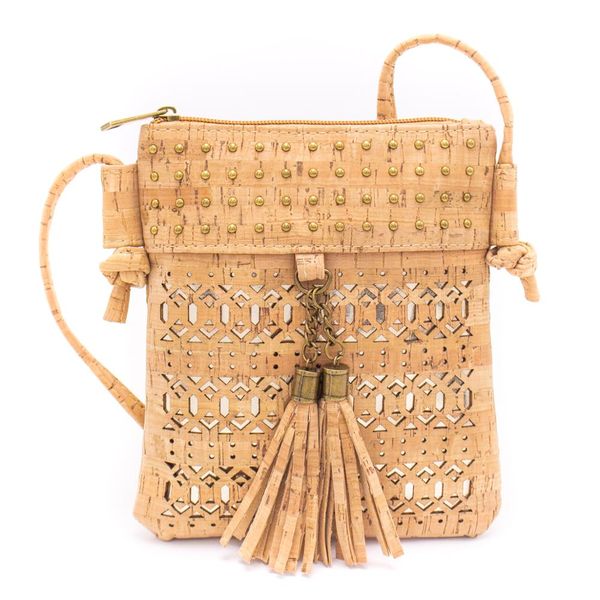 

laser cut crossbody natural cork women small bag with tassel bag-608-ab