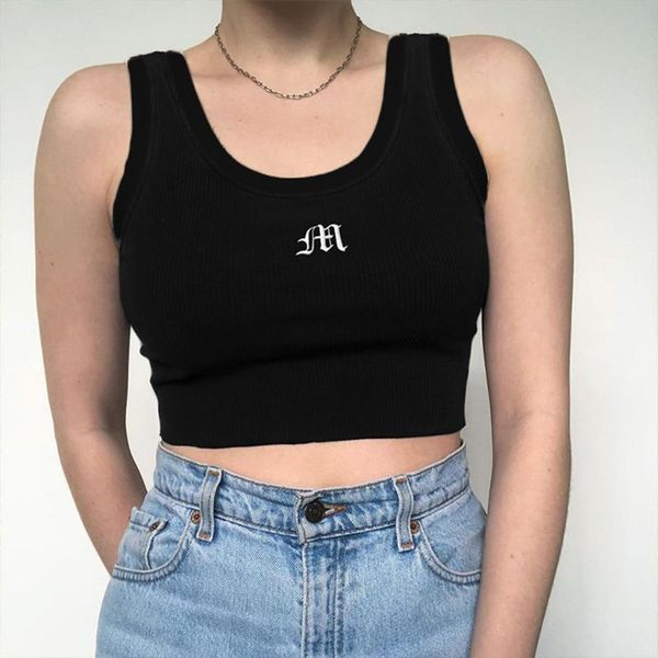 

women sleeveless ribbed tank crop crew neck letter embroidered slim vest, White