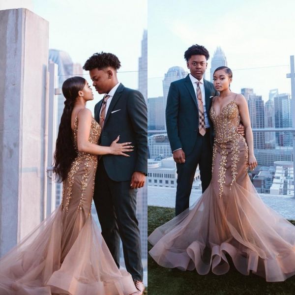 

african black girls prom dresses 2019 spaghetti straps beadings crystals formal gowns evening dress wear robe de soiree