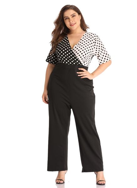 

women plus size v neck patchwork jumpsuit big size polka print jumpsuit big v neck short sleeve wide leg pants playsuit, Black;white